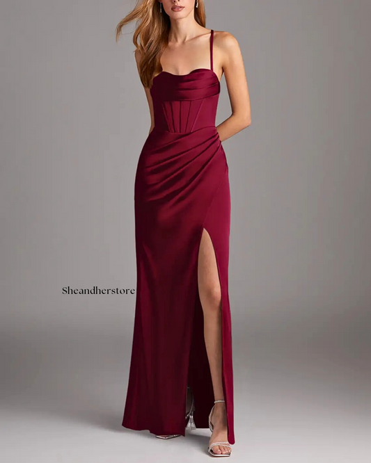 HEZEL Corset Burgundy Slit Dress